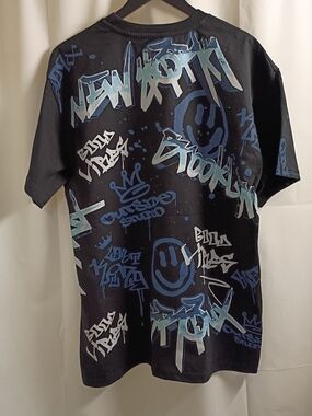 Men's Black Short Sleeve Tee with Blue Graffiti Print